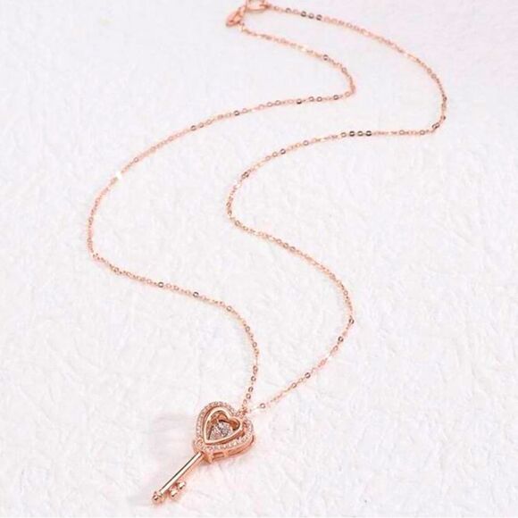SALE 18k Stamped Rose Gold Filled Victorian Crystal Key Pendant Necklace - Picture 2 of 7